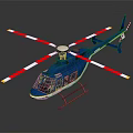Blue Helicopter With Red And White Rotors Transparent Cockpit Windows And Ground Reflection