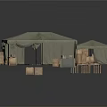 Military Field Tent Setup With Wooden Crates And Supplies Under Shelter
