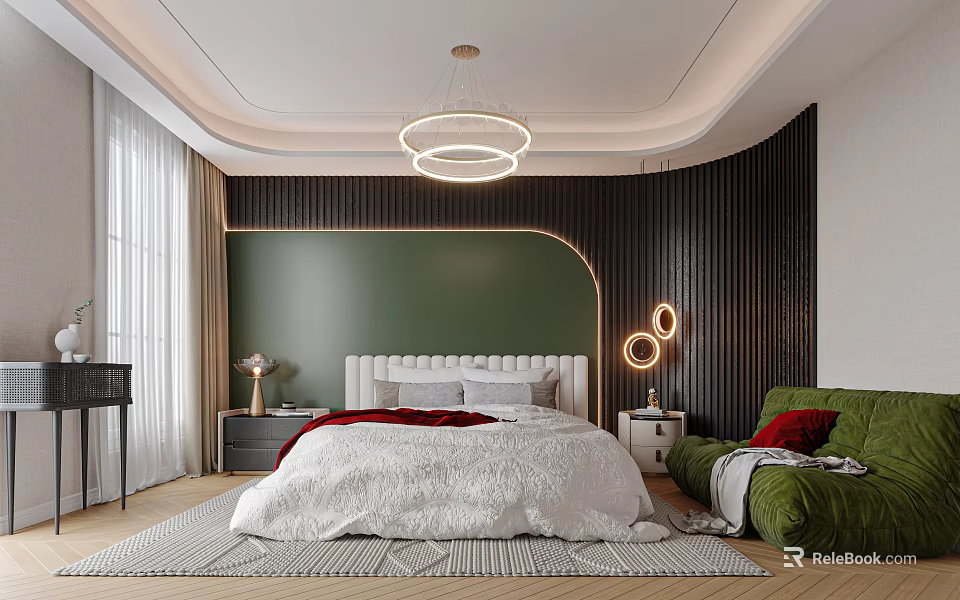 Modern Bedroom Interior Design With Green Wall White Bed Circular Chandelier And Green Armchair 3d model 