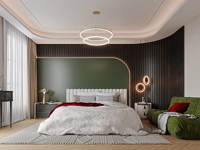 Modern Bedroom Interior Design With Green Wall White Bed Circular Chandelier And Green Armchair 3d model