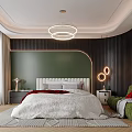 Modern Bedroom Interior Design With Green Wall White Bed Circular Chandelier And Green Armchair