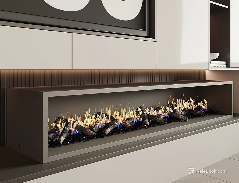 Modern Linear Fireplace With Flames And Logs In Minimalist Interior 3d model 