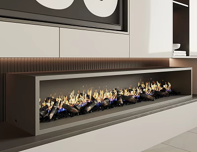 Modern Linear Fireplace With Flames And Logs In Minimalist Interior 3d model