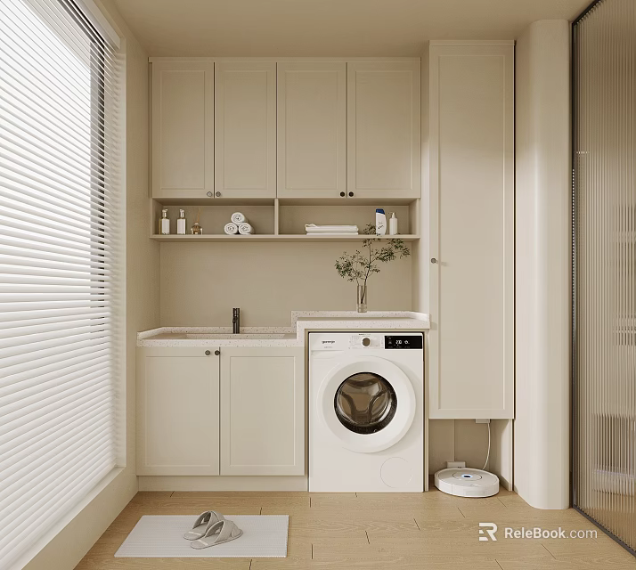 Modern Bathroom Cabinet Interior With Storage Shelves Washer And Decorative Plants 3d model 