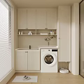 Modern Bathroom Cabinet Interior With Storage Shelves Washer And Decorative Plants