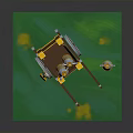 Cart With Barrels On Green Surface Featuring Yellow Trim And Silver Containers