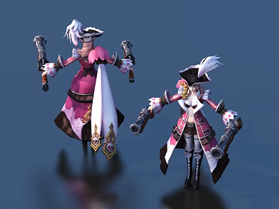Two Game Movie Characters Wearing Pink White Noble Pirate Costumes with Dual Pistols and Hats 3d model