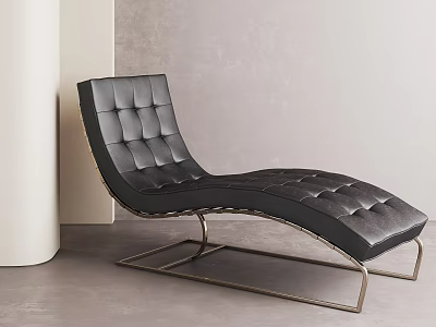 Black Leather Curved Tufted Chaise Lounge With Metal Frame In Modern Room 3d model