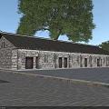 Traditional Commercial Street With Stone Brick Walls Tiled Roofs Multiple Doors Windows And Trees