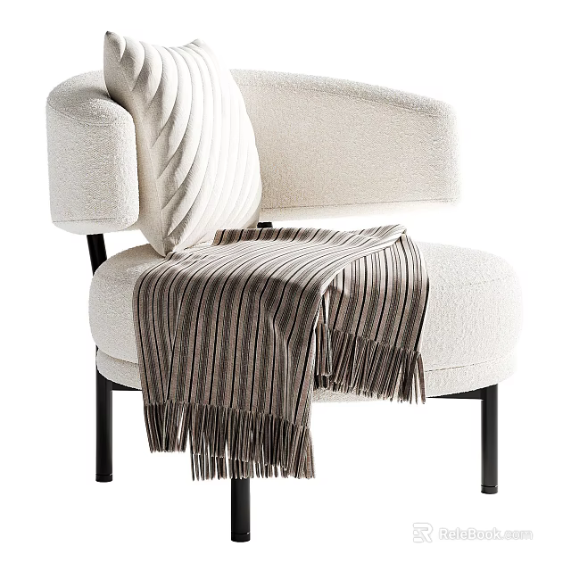 Beige Fabric Accent Chair With Curved Backrest White Spiral Pillow And Striped Throw Blanket 3d model 