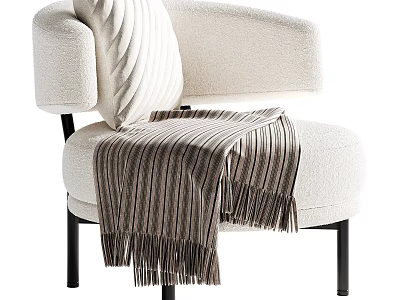 Beige Fabric Accent Chair With Curved Backrest White Spiral Pillow And Striped Throw Blanket 3d model