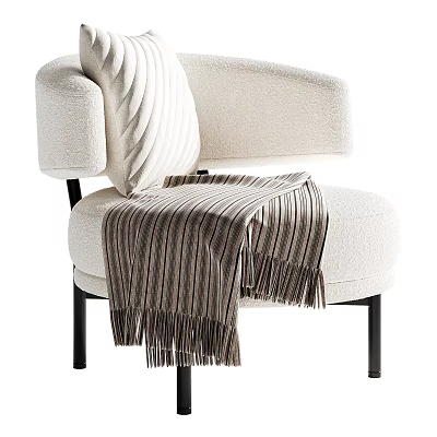 Beige Fabric Accent Chair With Curved Backrest White Spiral Pillow And Striped Throw Blanket 3d model