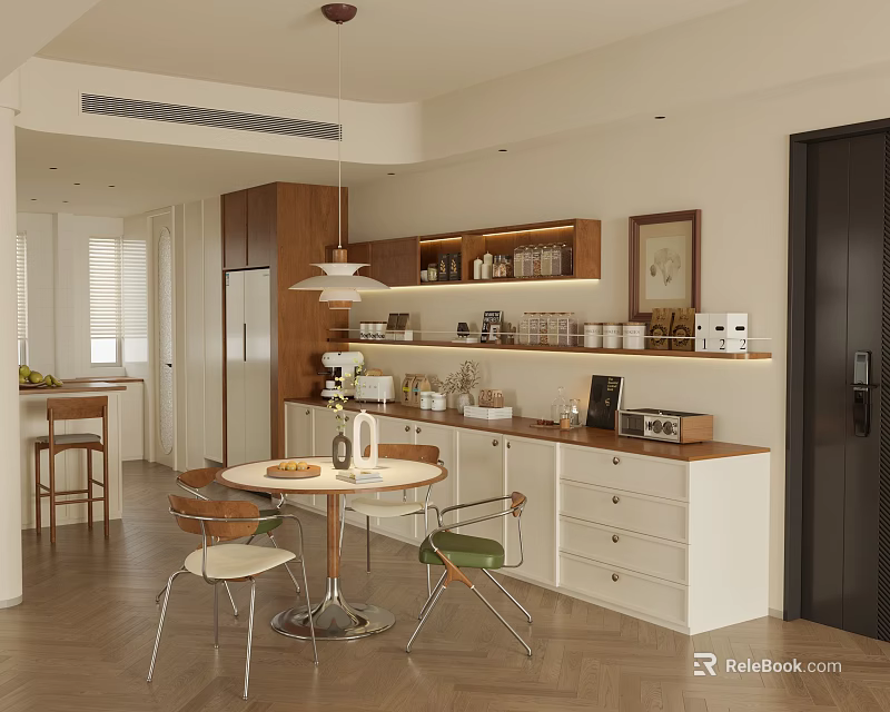 Modern Restaurant Interior With Round Dining Table Green Chairs Pendant Lights And Wooden Cabinets 3d model 
