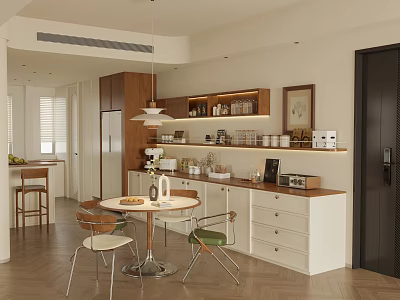 Modern Restaurant Interior With Round Dining Table Green Chairs Pendant Lights And Wooden Cabinets 3d model