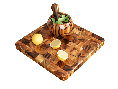 Wooden Cutting Board With Mortar Pestle Lemon Slices And Fresh Mint Leaves 3d model