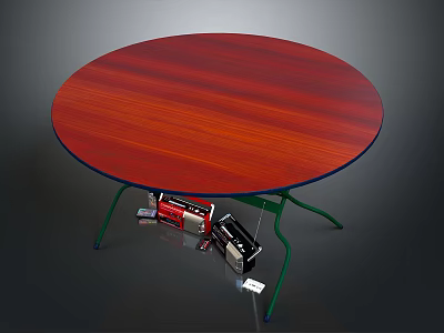 Electronic Devices Including Tape Player And Radio Under Red Round Table With Green Legs 3d model