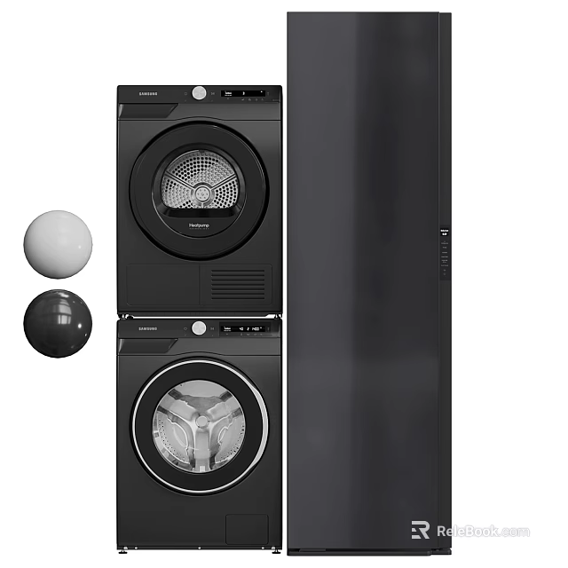 Modern Black Front Load Stackable Washing Machine With Dryer And Laundry Balls 3d model 