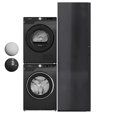 Modern Black Front Load Stackable Washing Machine With Dryer And Laundry Balls 3d model