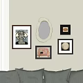 Abstract Paintings Wall Display in Home Interior with Various Frames and Oval Mirror 3d model