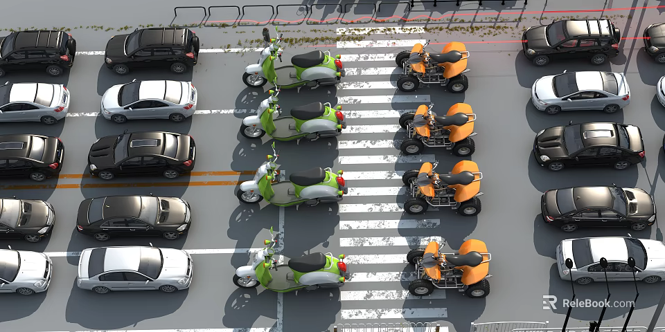 Aerial View of Intersection with Green Orange Scooters and Black White Cars Parked in Lanes 3d model 