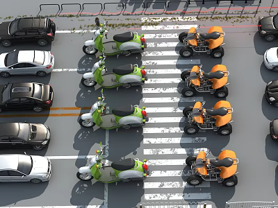 Aerial View of Intersection with Green Orange Scooters and Black White Cars Parked in Lanes 3d model
