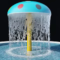 Blue Mushroom Shaped Fountain With Colorful Dots And Flowing Water From Top To Pool Base