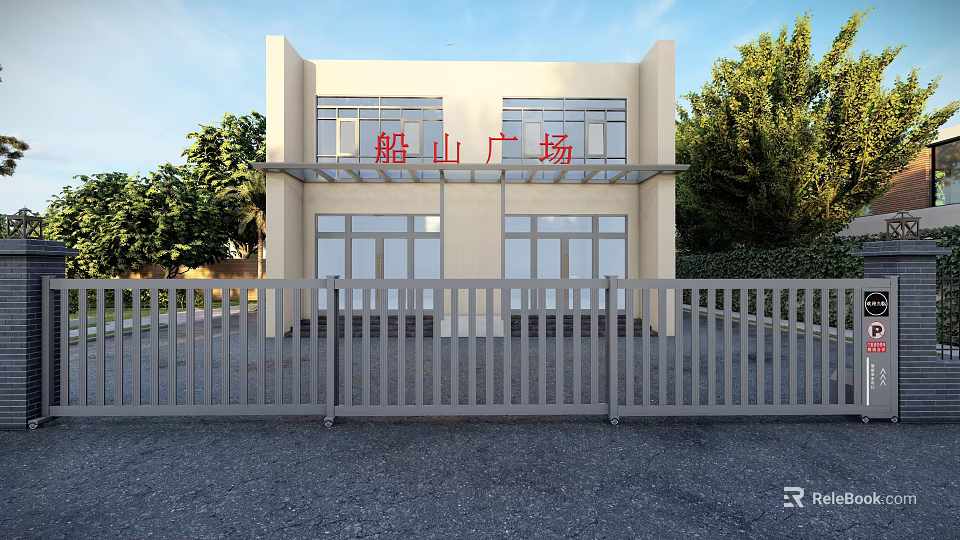 Chuanshan Square Two Story Building Exterior With Main Gate And Green Trees 3d model 