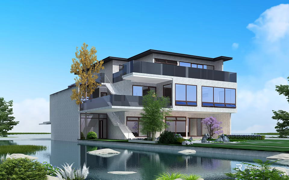 Modern Detached Villa Featuring Multiple Balconies Large Windows and Waterfront Trees Under Blue Sky 3d model 