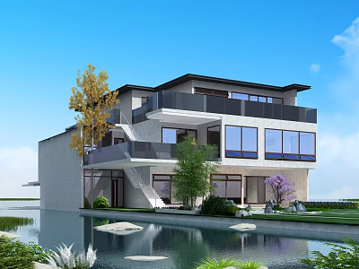 Modern Detached Villa Featuring Multiple Balconies Large Windows and Waterfront Trees Under Blue Sky 3d model
