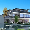 Modern Detached Villa Featuring Multiple Balconies Large Windows and Waterfront Trees Under Blue Sky