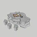 Creative Rock Shaped Table and Chair Set with Tea Set on Natural Stone Surface 3d model