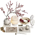 Elegant Decorative Ornament Set With Berry Branch Lamp Apple Tray And Silver Ring