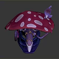 Purple Butterfly Perched on Pink Mushroom with White Spots and Purple Base