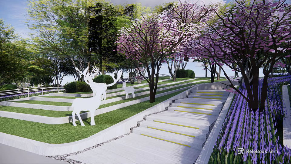 Serene Garden Landscape With Lawn Steps Deer Sculptures Flowering Trees And Purple Flowers 3d model 