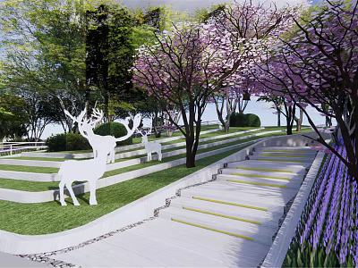 Serene Garden Landscape With Lawn Steps Deer Sculptures Flowering Trees And Purple Flowers 3d model