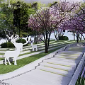 Serene Garden Landscape With Lawn Steps Deer Sculptures Flowering Trees And Purple Flowers