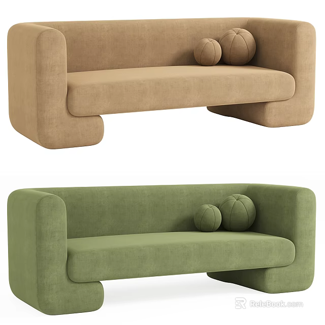 Modern Beige and Green Two Seater Sofa with Two Round Pillows Design 3d model 