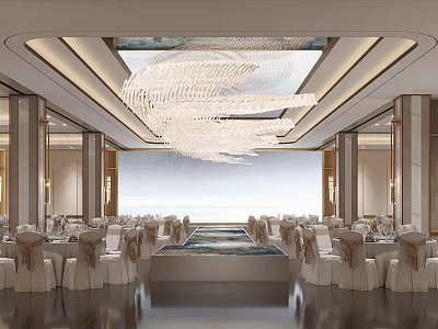 Elegant Luxurious Banquet Hall Interior With Crystal Chandeliers Arranged Tables And Chairs 3d model