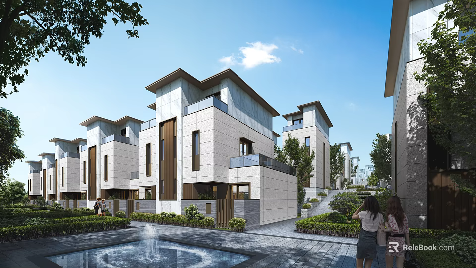 Modern Townhouses Residential Aerial Planning With Fountain Greenery And Blue Sky 3d model 