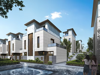Modern Townhouses Residential Aerial Planning With Fountain Greenery And Blue Sky 3d model