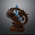 Steampunk Mechanical Device With Brass Gears Wooden Base And Blue Glass Element