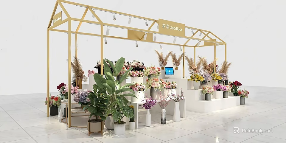 Elegant Florist Shop with Golden Frame Various Flowers and Plant Displays 3d model 