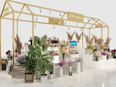 Elegant Florist Shop with Golden Frame Various Flowers and Plant Displays 3d model