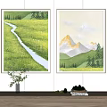 Framed Decorative Paintings with Green Meadow Path and Mountain Landscape 3d model