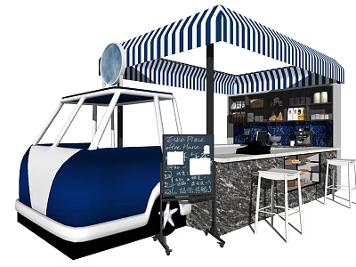 Blue and White Striped Food Truck with Awning Chalkboard Menu Marble Counter and Bar Stools 3d model