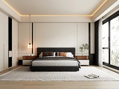 Modern Bedroom Interior with Black Headboard Pillows Nightstands Lamp Plant Striped Rug and Large Windows 3d model