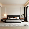 Modern Bedroom Interior with Black Headboard Pillows Nightstands Lamp Plant Striped Rug and Large Windows