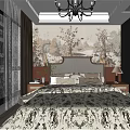 Elegant Bedroom Interior Design With Traditional Wall Mural Chandelier Patterned Bedding Nightstands And Checkered Rug