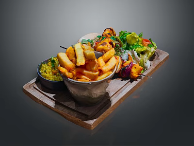 Delicious Food Platter with Crispy Fries Kebab Skewers Fresh Salad and Sauce on Wooden Tray 3d model