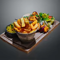 Delicious Food Platter with Crispy Fries Kebab Skewers Fresh Salad and Sauce on Wooden Tray